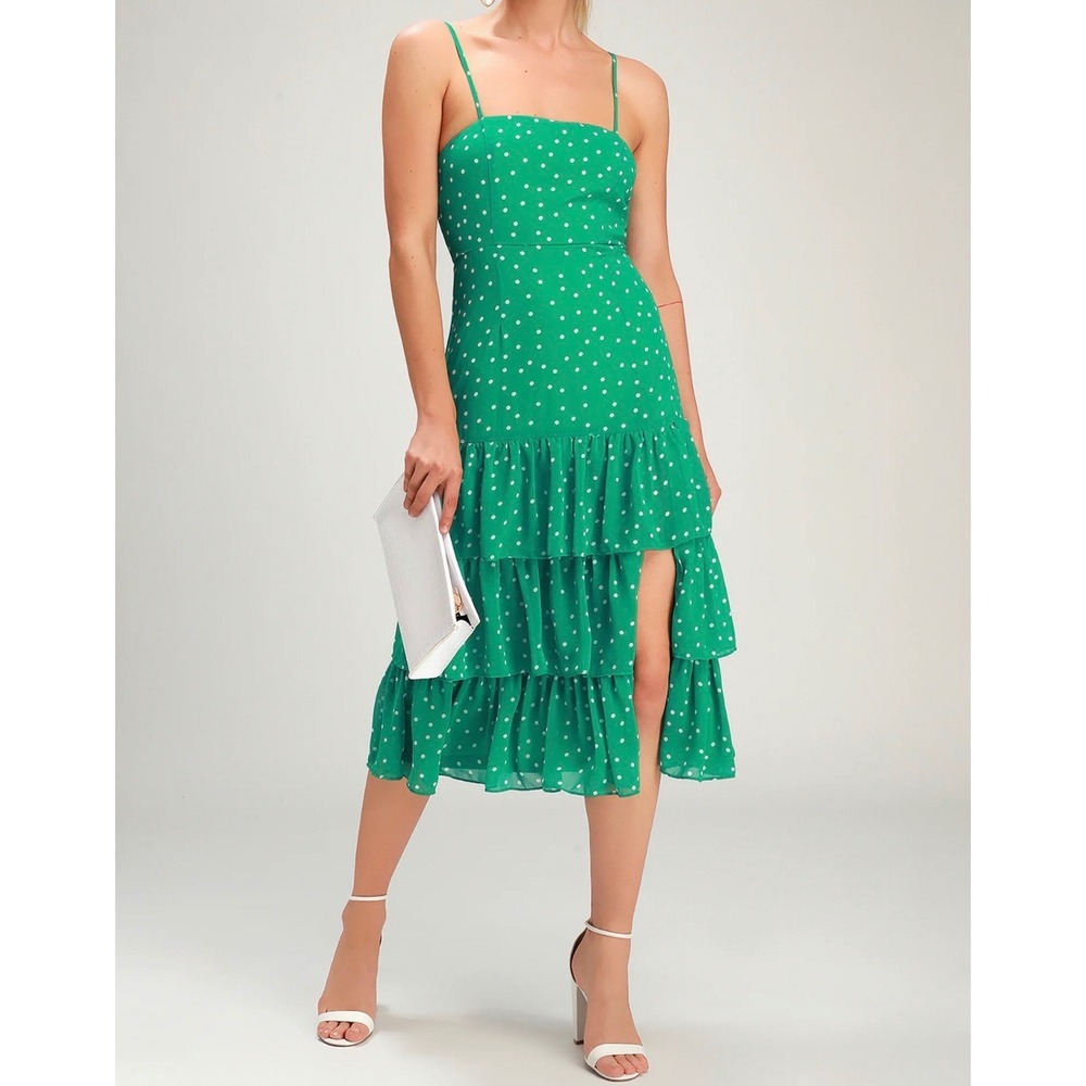 Lulus Nellie Green Polka Dot Tiered Midi Dress M Square Neck Ruffle Side Slit
